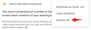 Google Ads Recommendations Example: How to decline